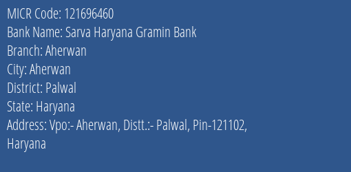 Sarva Haryana Gramin Bank Aherwan MICR Code