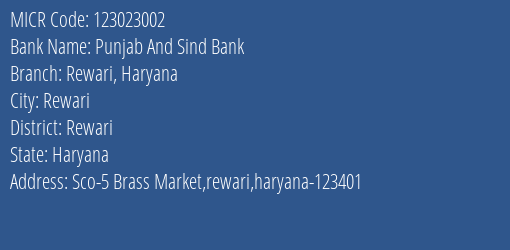 Punjab And Sind Bank Rewari Haryana MICR Code