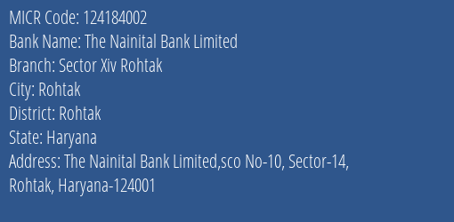 The Nainital Bank Limited Sector Xiv Rohtak MICR Code