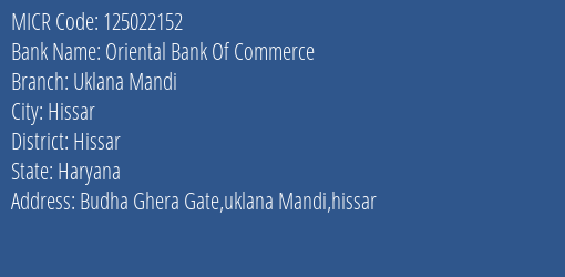 Oriental Bank Of Commerce Uklana Mandi Branch Address Details and MICR Code 125022152