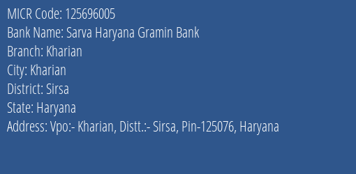 Sarva Haryana Gramin Bank Kharian MICR Code