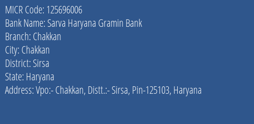 Sarva Haryana Gramin Bank Chakkan MICR Code