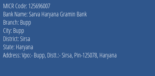 Sarva Haryana Gramin Bank Bupp MICR Code