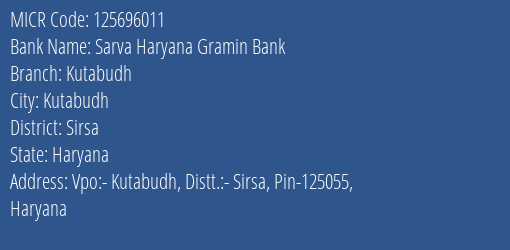 Sarva Haryana Gramin Bank Kutabudh MICR Code