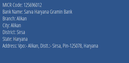 Sarva Haryana Gramin Bank Alikan MICR Code