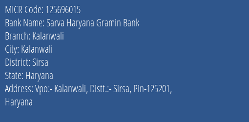 Sarva Haryana Gramin Bank Kalanwali MICR Code