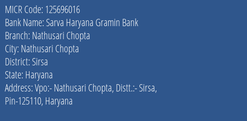 Sarva Haryana Gramin Bank Nathusari Chopta MICR Code