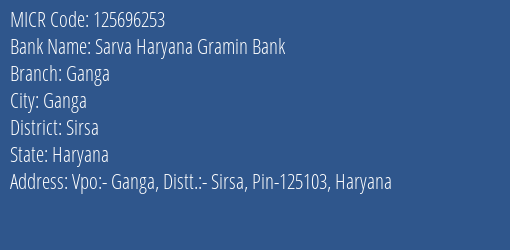 Sarva Haryana Gramin Bank Ganga MICR Code