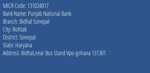 Punjab National Bank Bidhal Sonepat Branch Address Details and MICR Code 131024017