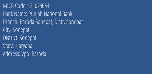 Punjab National Bank Baroda Sonepat Distt. Sonepat Branch Address Details and MICR Code 131024054