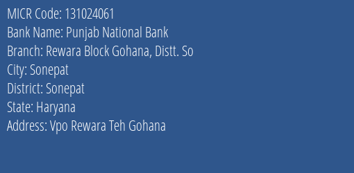 Punjab National Bank Rewara Block Gohana Distt. So Branch Address Details and MICR Code 131024061