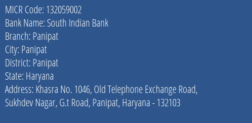 South Indian Bank Panipat MICR Code