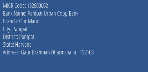 Panipat Urban Coop Bank Gur Mandi MICR Code
