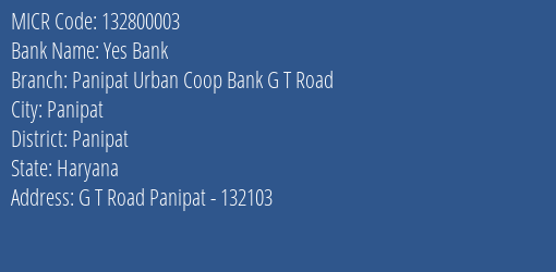 Panipat Urban Coop Bank G T Road MICR Code