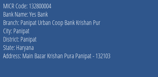 Panipat Urban Coop Bank Krishan Pur MICR Code