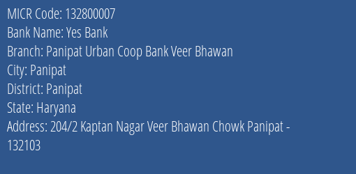 Panipat Urban Coop Bank Veer Bhawan MICR Code