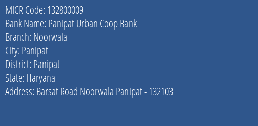 Panipat Urban Coop Bank Noorwala MICR Code