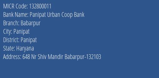 Panipat Urban Coop Bank Babarpur MICR Code