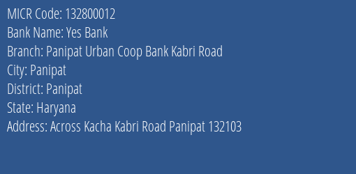 Panipat Urban Coop Bank Kabri Road MICR Code