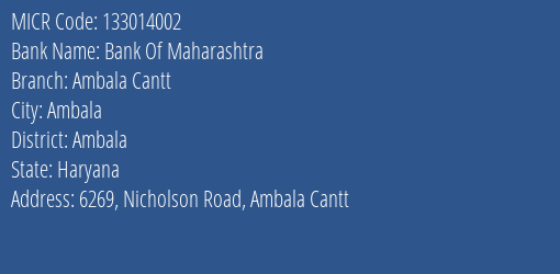 Bank Of Maharashtra Ambala Cantt MICR Code