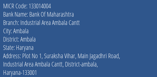 Bank Of Maharashtra Industrial Area Ambala Cantt MICR Code
