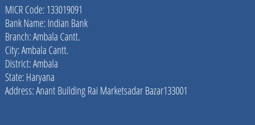 Indian Bank Ambala Cantt. MICR Code