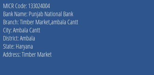 Punjab National Bank Timber Market Ambala Cantt MICR Code
