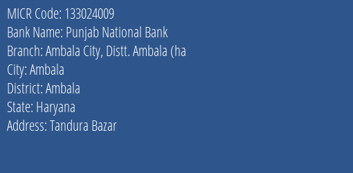 Punjab National Bank Ambala City Distt. Ambala Ha MICR Code