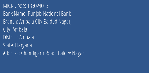 Punjab National Bank Ambala City Balded Nagar MICR Code