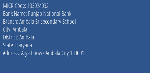 Punjab National Bank Ambala Sr.secondary School MICR Code