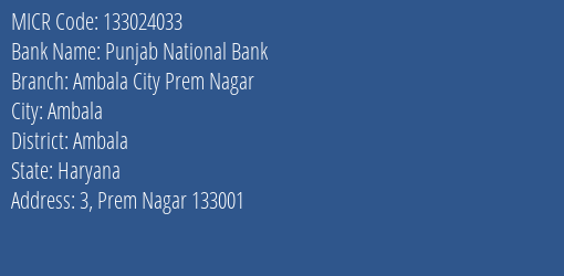 Punjab National Bank Ambala City Prem Nagar MICR Code