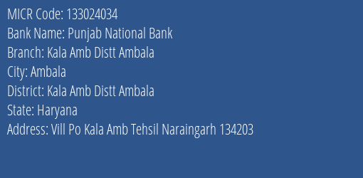 Punjab National Bank Kala Amb Distt Ambala MICR Code