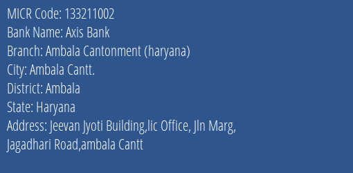 Axis Bank Ambala Cantonment Haryana MICR Code