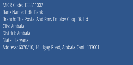 The Postal And Rms Employ Coop Bk Ltd Idgag Road MICR Code