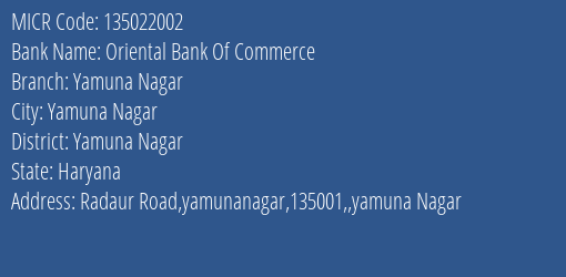 Oriental Bank Of Commerce Yamuna Nagar MICR Code