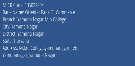 Oriental Bank Of Commerce Yamuna Nagar Mln College MICR Code