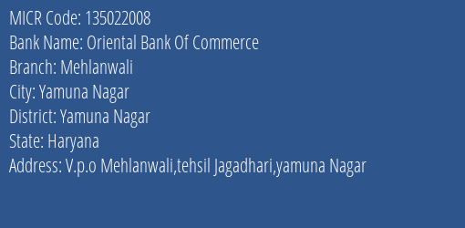 Oriental Bank Of Commerce Mehlanwali MICR Code