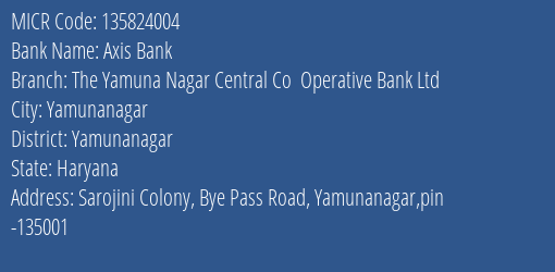 The Yamuna Nagar Central Co Operative Bank Ltd Yamunanagar MICR Code