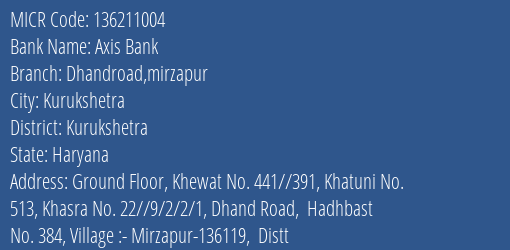 Axis Bank Dhandroad Mirzapur Branch Address Details and MICR Code 136211004