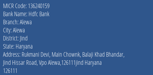 Hdfc Bank Alewa MICR Code