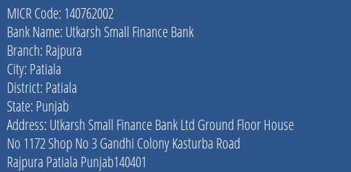 Utkarsh Small Finance Bank Rajpura MICR Code