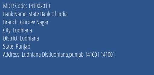 State Bank Of India Gurdev Nagar Branch Address Details and MICR Code 141002010