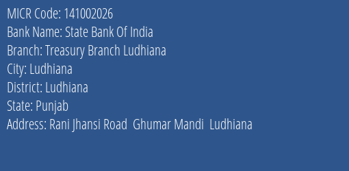 State Bank Of India Treasury Branch Ludhiana Branch Address Details and MICR Code 141002026