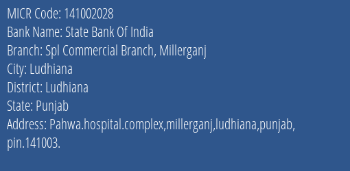 State Bank Of India Spl Commercial Branch Millerganj Branch Address Details and MICR Code 141002028