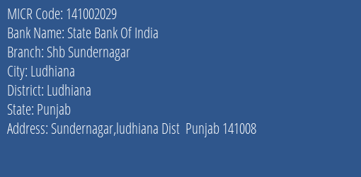 State Bank Of India Shb Sundernagar Branch Address Details and MICR Code 141002029