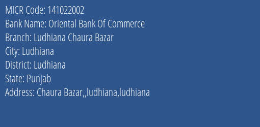 Oriental Bank Of Commerce Ludhiana Chaura Bazar MICR Code