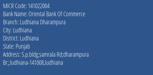 Oriental Bank Of Commerce Ludhiana Dharampura MICR Code