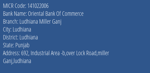 Oriental Bank Of Commerce Ludhiana Miller Ganj MICR Code