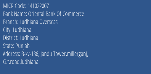 Oriental Bank Of Commerce Ludhiana Overseas MICR Code