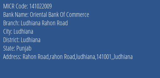 Oriental Bank Of Commerce Ludhiana Rahon Road MICR Code